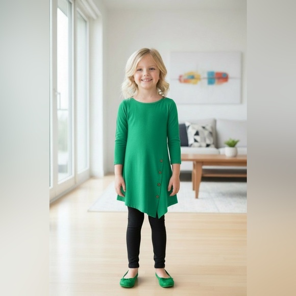 S/M/L/XL NEW Girls Solid Green Dress, Asymmetric Hem, Long Top, Christmas Dress - Picture 3 of 8